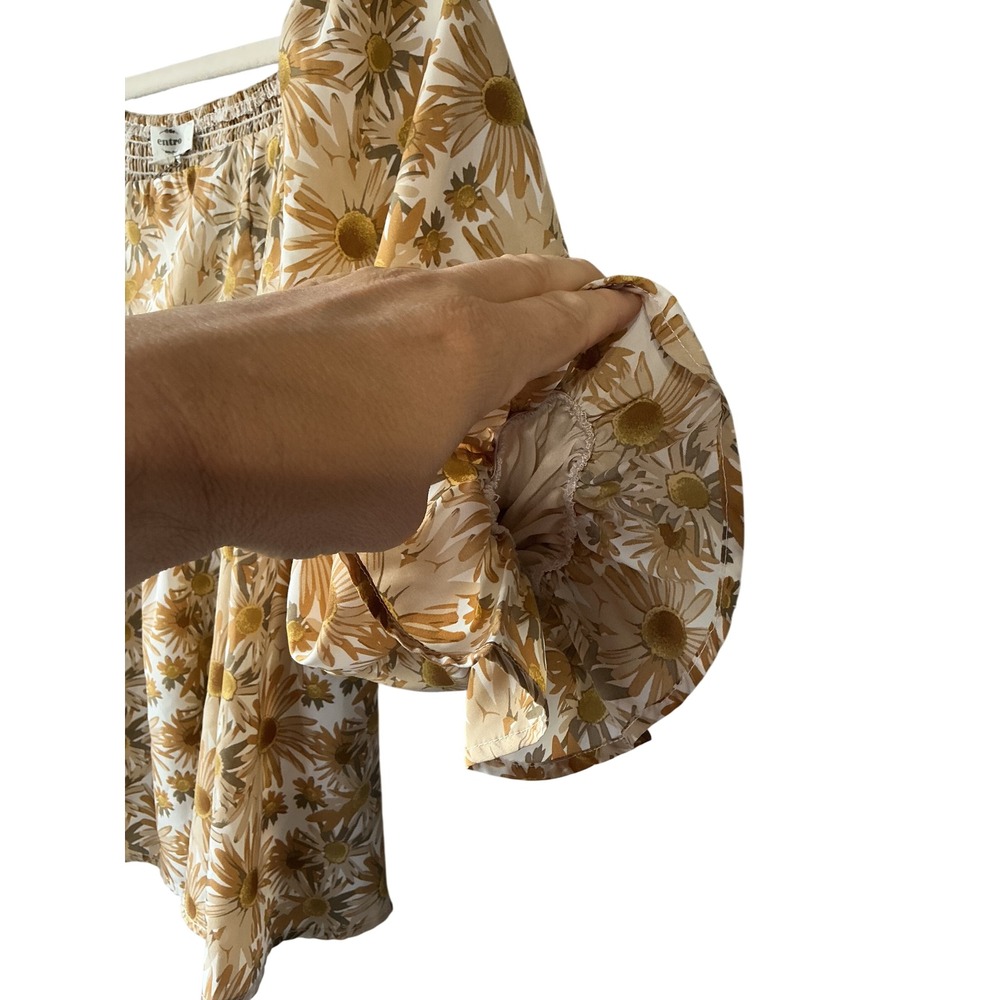 Entro Mustard Yellow Daisy Floral Smocked Back Puff Sleeve Babydoll Top Small - Picture 6 of 10